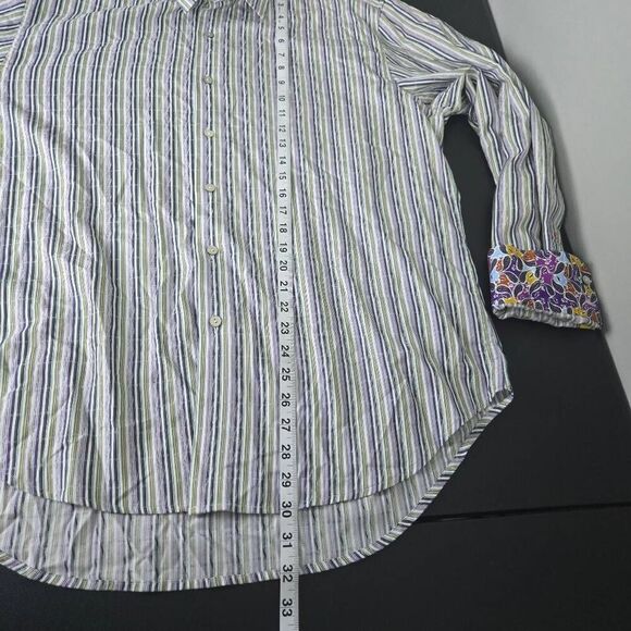Robert Graham Mens Button Up Shirt Sz XL Purple Striped Flip Cuff Preppy Career - Picture 8 of 8